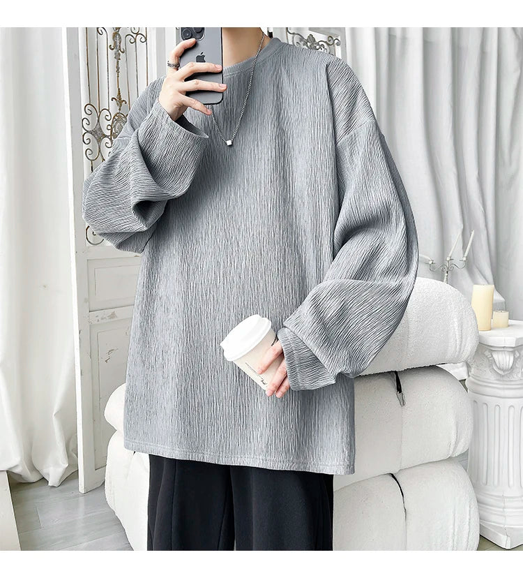 Men's High Street Long Sleeve T-Shirt - Trendy Casual Top Loose Fit Comfortable Wear, Modern Minimalist Style, Everyday Essentia