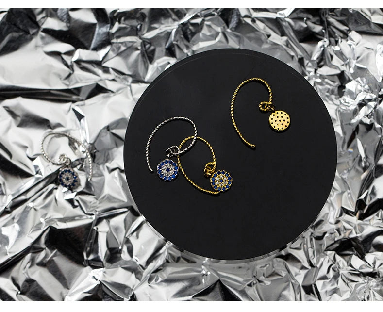 Modian New Blue Crystal Round Eyes Dangle Earrings for Women 925 Sterling Silver Gold Color Fashion Party Jewelry Gifts