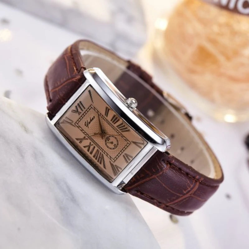 Fashion Couple Watch Luxury Rectangle Dial Women Quartz Watch Men Leather Band Casual Women Leather Wristwatch Relogio Masculino