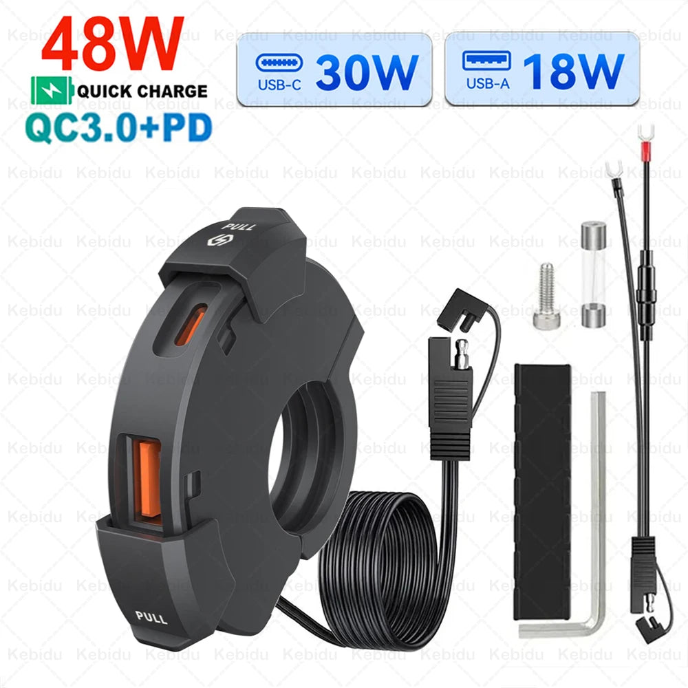 48W Quick Charge PD+QC3.0 Phone Charger Motorcycle USB Socket Waterproof Handlebar Mounting Bracket 12V-24V Power Adapter