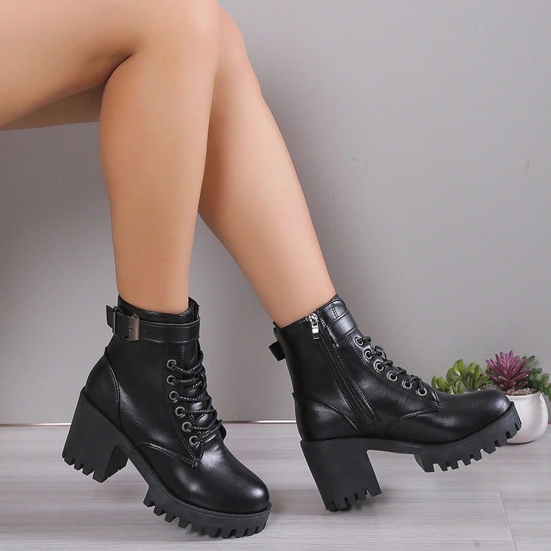 Women's High Heels Ankle Boots for 2023 Black PU Leather Platform Short Boots Woman Side Zipper Thick Heeled Punk Botas De Mujer