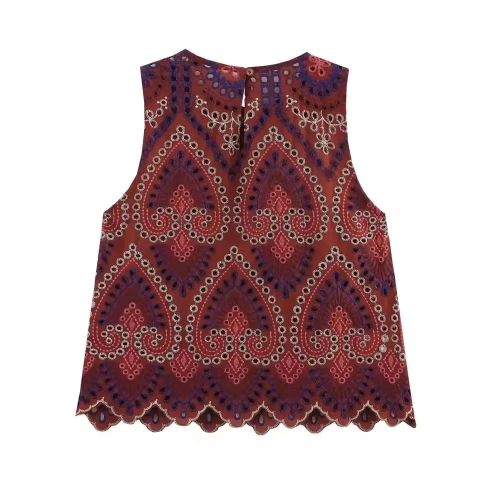 Women Embroidery Hollow Out Suit 2025 Summer Casual Chic O-Neck Fashion Sleeveless Top Long Skirt Fashion Suit