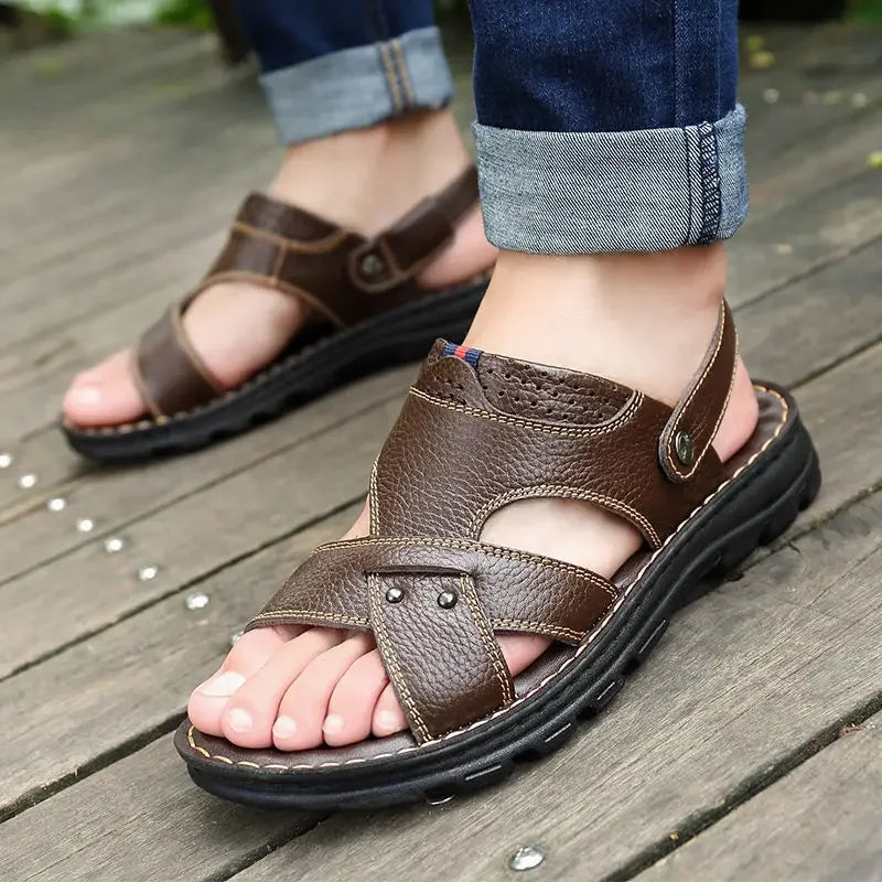 Men's Leather Summer Sandals 2025 Non-slip Thick-soled Comfort Soft Outdoor Beach Slippers