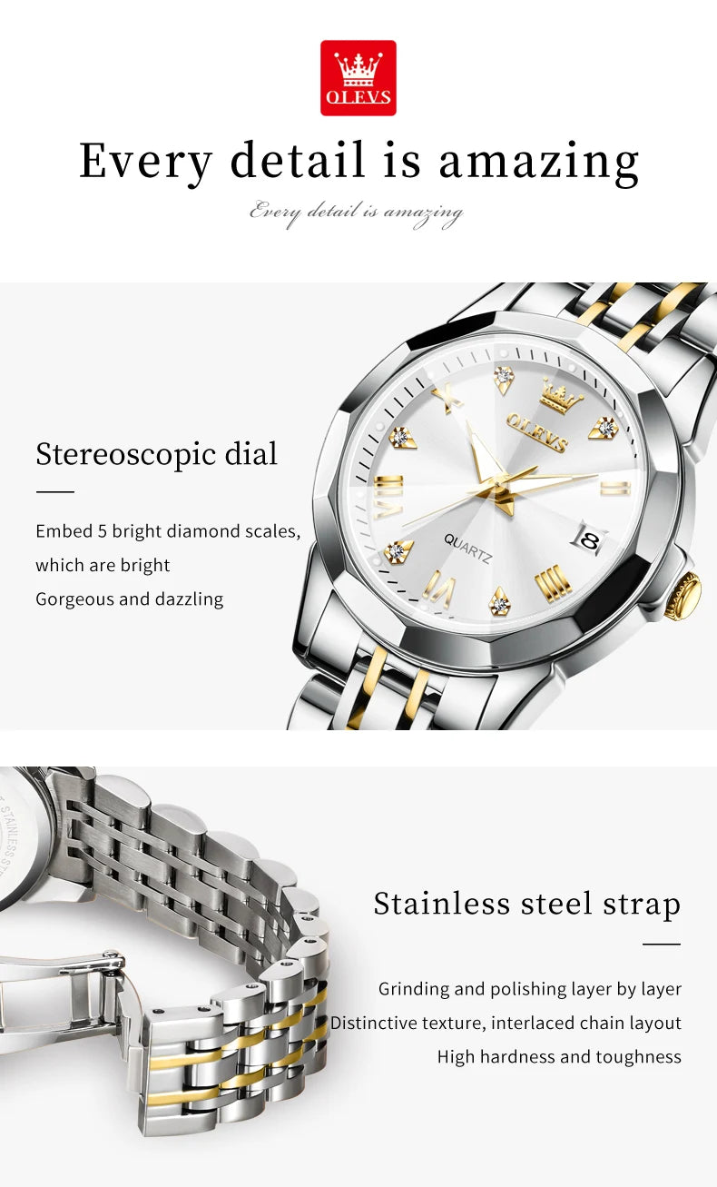 OLEVS 9931 Top Original Couple Watch Stainless Steel Rhombus Mirror Design Luxury Quartz Watch for Men Women Lover's Wristwatch