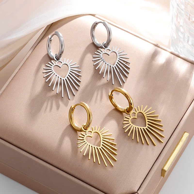 Geometric Heart Shaped Sun Pendant Earrings Stainless Steel Women's Earrings Fashion Charm Hip Hop Trendy Wedding Jewelry