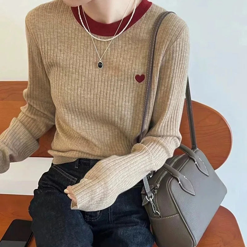 Women's Pullover Autumn/Winter 100% Wool Sweater Stitching Casual Knit Sweater Round Neck Tops Ladies Clothes Embroidery Blouse