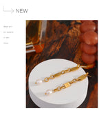 Yhpup Long Hanging Stainless Steel Chain Natural Pearl Drop Earrings Dangle Fashion Party Geometric Charm Temperament Jewelry