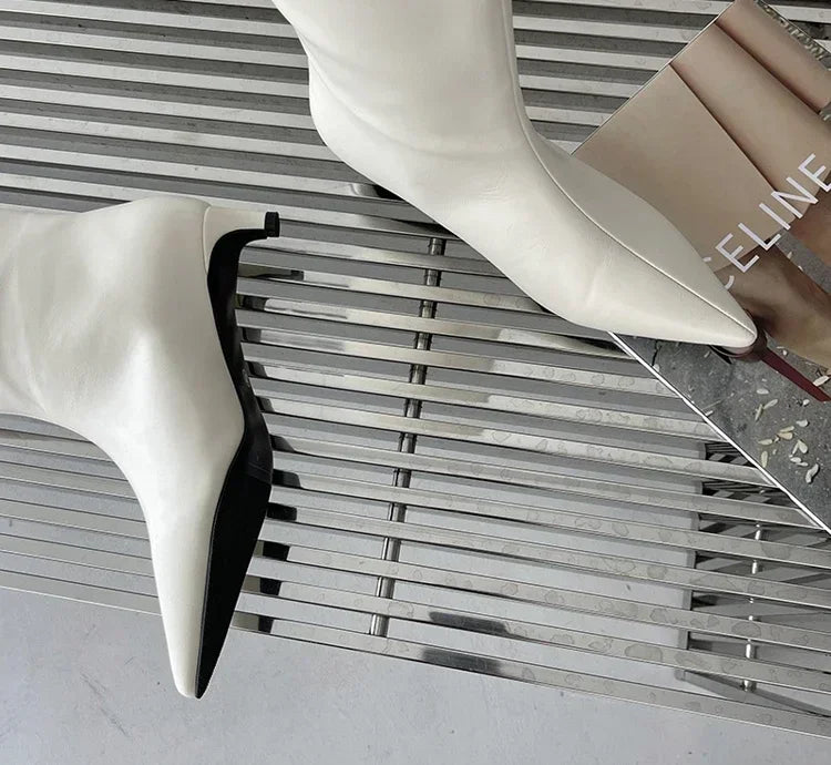 Pointed Toe Women High Boots Leather Fashion Sexy Heels Shoes Woman Trend New Snow Boots Low Heels Elegant Goth Mujer Botas