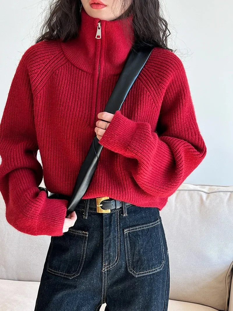 Autumn Winter  Zipper Sweaters Women Solid Color High Neck Knitted Pullover Solid Red Loose Turndown Collar Women's Turtleneck