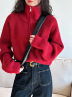 Autumn Winter  Zipper Sweaters Women Solid Color High Neck Knitted Pullover Solid Red Loose Turndown Collar Women's Turtleneck