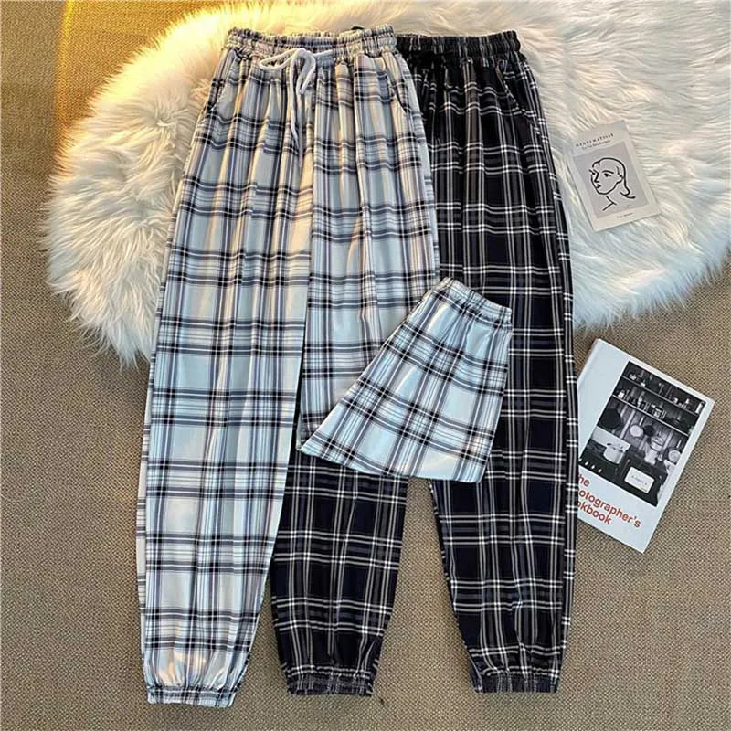 Pants Women New Bunch of feet Fashion Loose Black Plaid Summer Harajuku Students Streetwear Harem Long Trousers Womens Chic