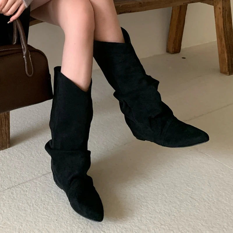 Flats Women High Boots Suede Pointed Toe Designer Shoes Winter Luxury Dress Woman 2025 New Fashion Sexy Chelsea Botas De Mujer