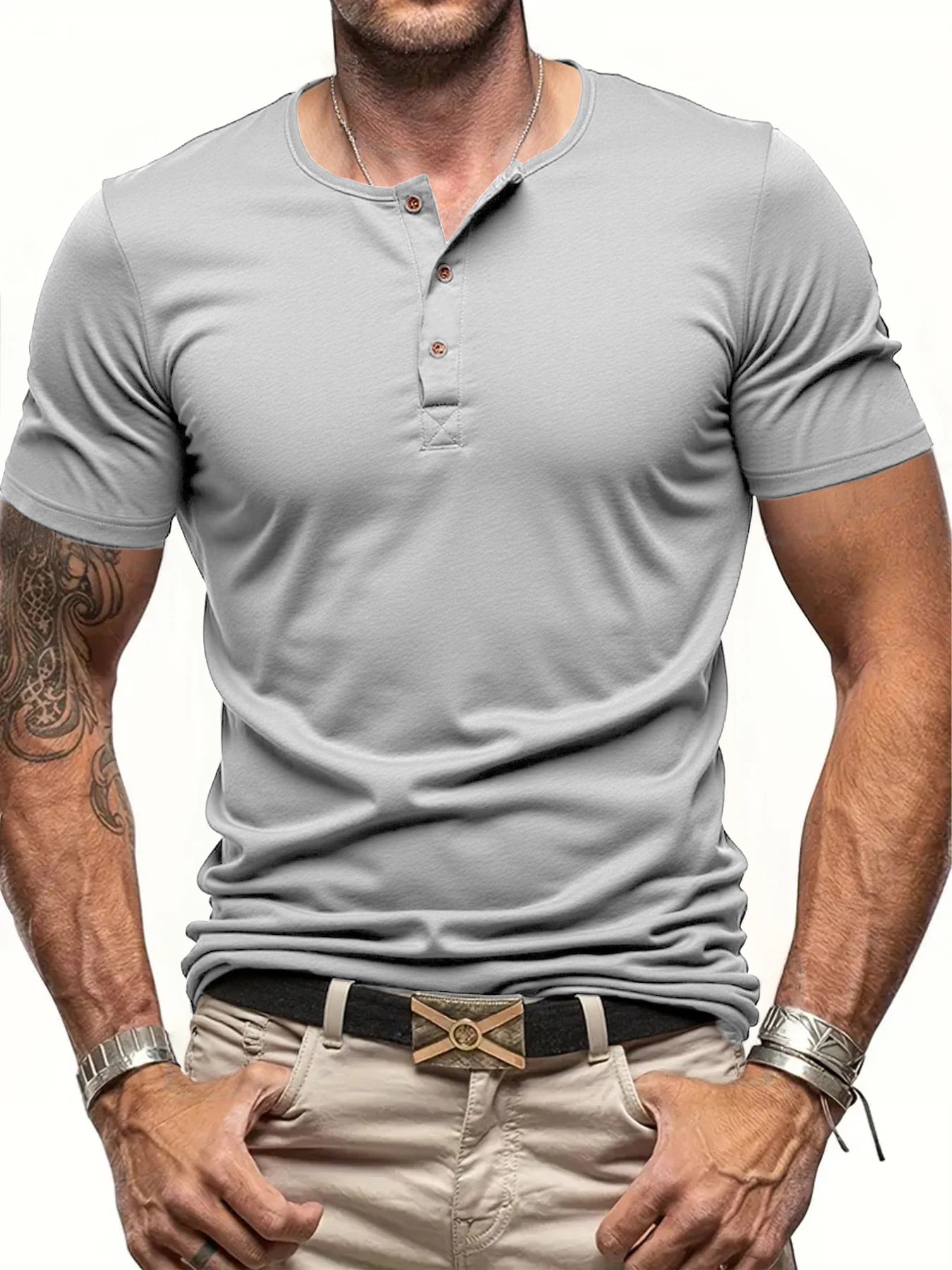 Men's Short Sleeve Henley Neck T-shirt Solid Color Male Tops Slim Fit Button Neck Casual Cozy Tshirt  Streetwear
