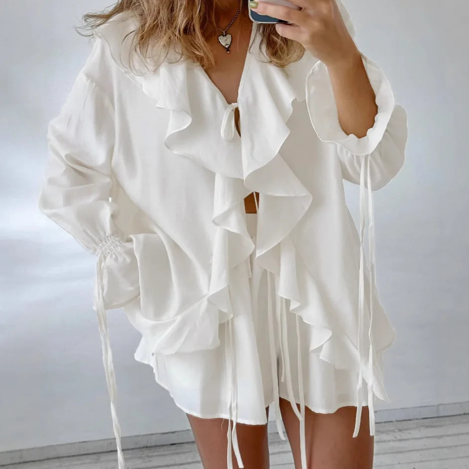 Ruffled Leisure Suit with Loose Top and Shorts for Women
