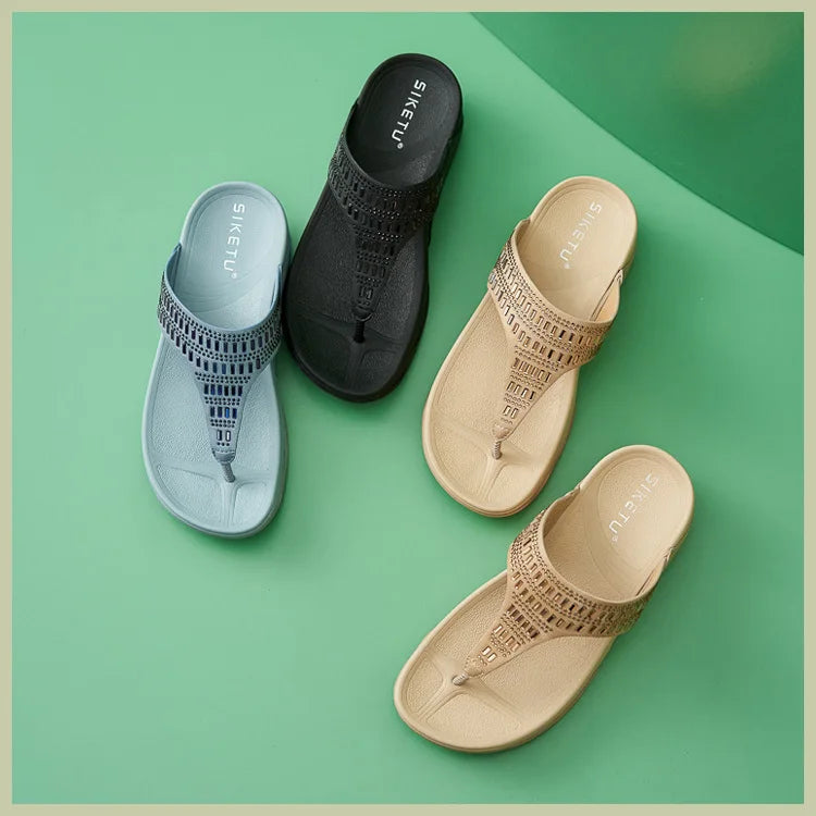 Women's Sandals Summer  Casual Non-Slip Suede  Diamond Soft Platform Wedge Flip Flop Walking Beach Slippers Shoes Woman