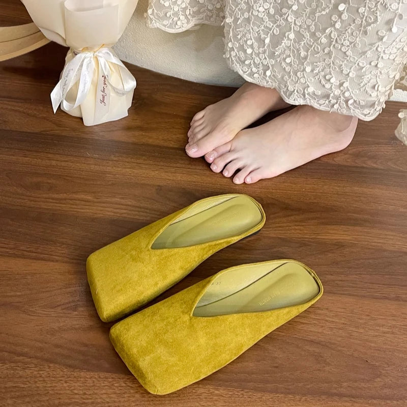 Flats Women Square Toe Slippers Designer Shallow Mule Shoes 2025 Summer New Casual Shoes Fad Brand Walking Soft Femme Chaussures