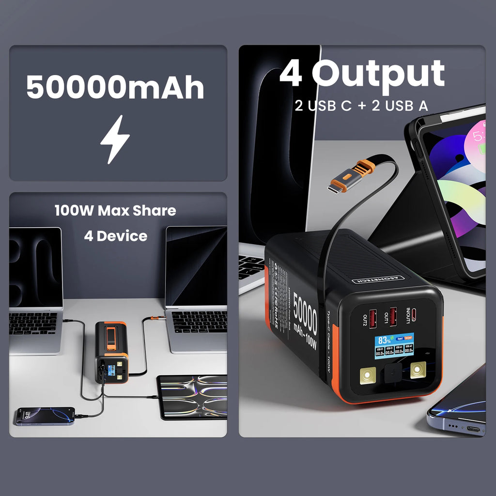 Power Bank 50000mAh 100W PD PPS Super Fast Charging Portable Spare Battery Type-C Retractable Cable Powerbank For Phone Laptop