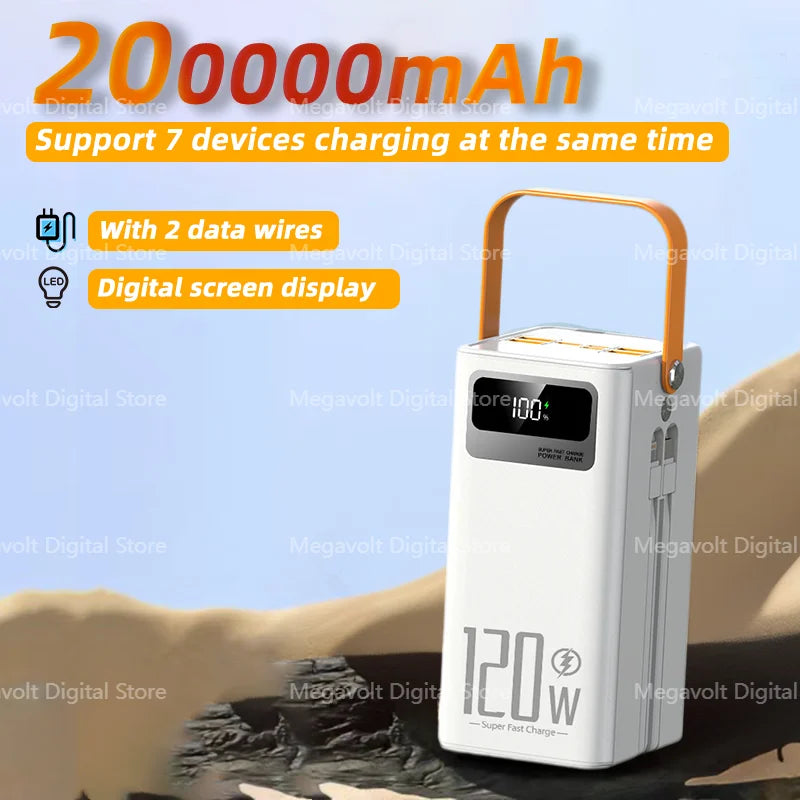 120W Super Fast Power Bank 200000mAh Large Capacity Outdoor Mobile Power Supply Supports 7 Devices to Charge At The Same Time