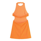 Women's Stitch Fit Short Dress Round Neck Hanging Neck Sleeveless Open Back Button Zipper Opening Spring/Summer New Fash