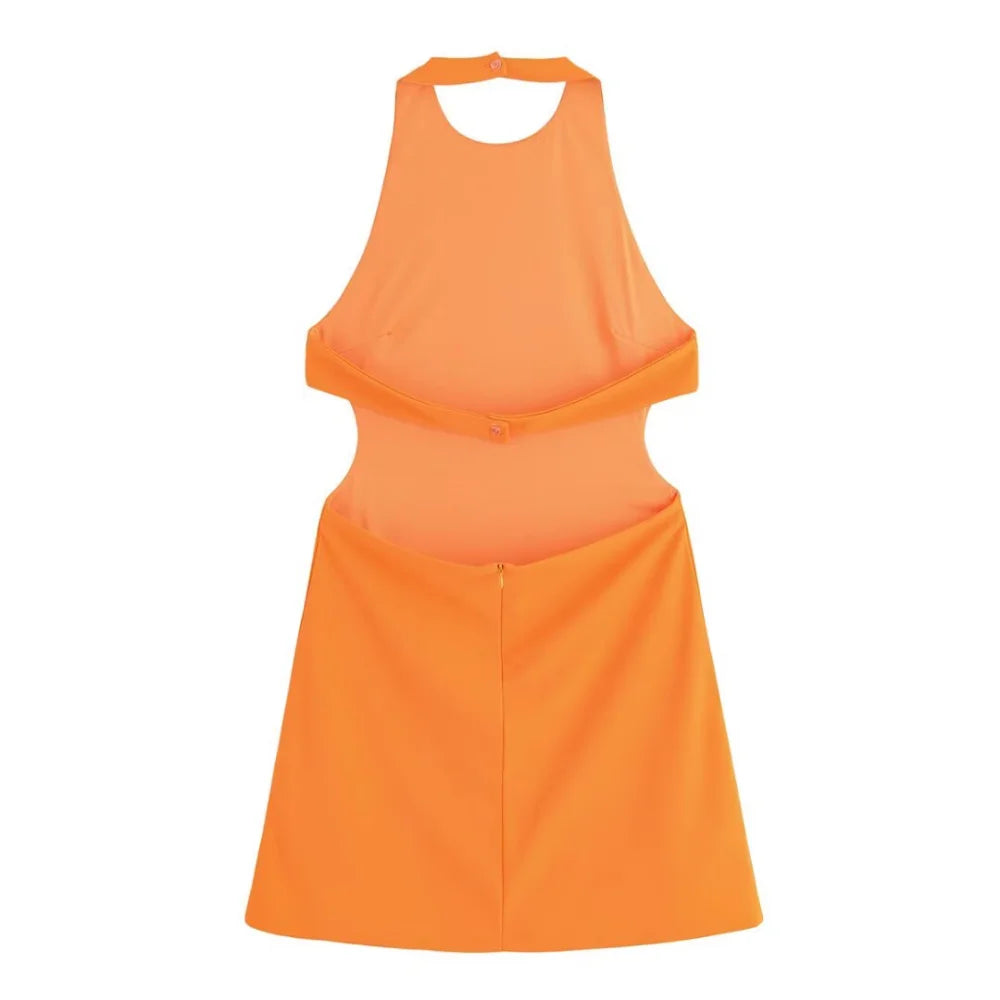 Women's Stitch Fit Short Dress Round Neck Hanging Neck Sleeveless Open Back Button Zipper Opening Spring/Summer New Fash