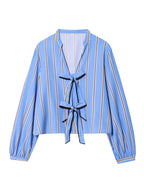 Women Striped Printed Lace-Up Shirt With Bow New Puff Long Sleeves V-Neck Hollow Out Blouses Sweet Ladies Fashion Tops