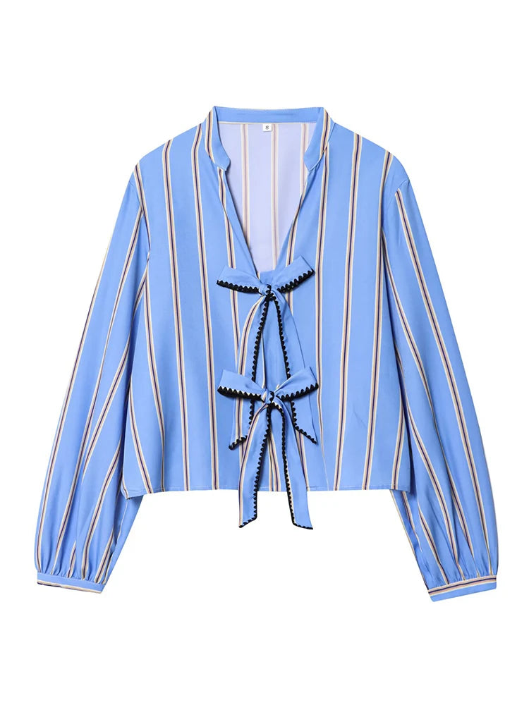 Women Striped Printed Lace-Up Shirt With Bow New Puff Long Sleeves V-Neck Hollow Out Blouses Sweet Ladies Fashion Tops
