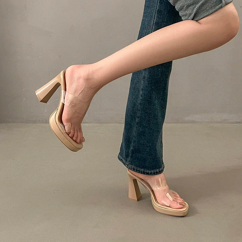 Women's Clear Sandals Summer Elegant Ladies Causal Mules Slippers Open-toe Sexy Luxury Women Fashion High Heels Platform Sandals