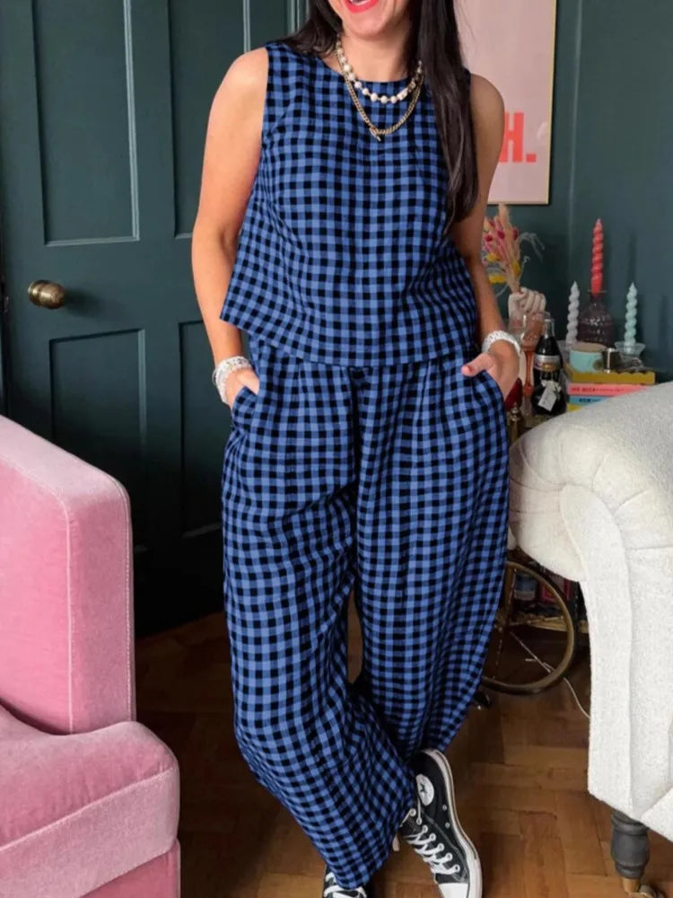 Fashion Women's Pants Set Printed Plaid Sleeveless 2025 Spring Summer Relaxed Vest Nine Point Pants Home Wear Female 2 Piece Set
