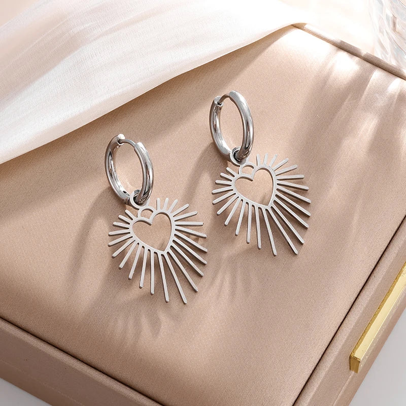 Geometric Heart Shaped Sun Pendant Earrings Stainless Steel Women's Earrings Fashion Charm Hip Hop Trendy Wedding Jewelry