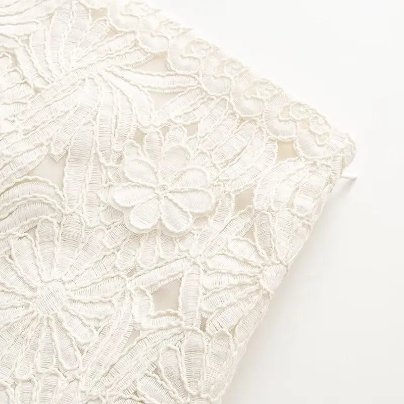 Women's Embroidery Crochet Hollow Shirts High Waist Skirt Suit Suit Mesh O-neck Full Sleeve Blouse Solid Color Skirt Set