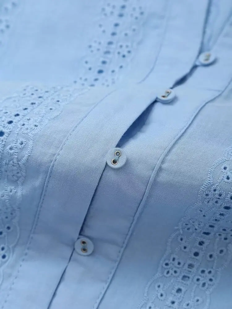 Women's Openwork Embroidered Cropped Shirt Simple V-neck Long-sleeved Single-breasted Casual Blouse Spring Summer Chic Top