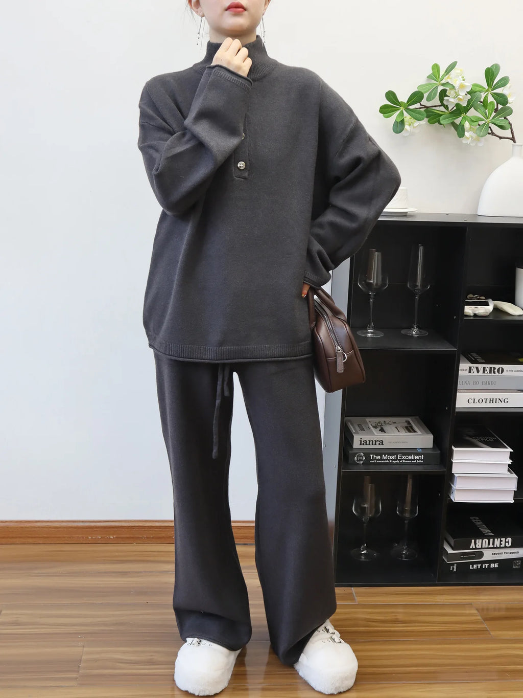 Pant Set Women Two Piece Sets Stand Collar Full Sleeve Knit Tops Wide Leg Long Pants Lace Up Elastic Waist Y2k Streetwear