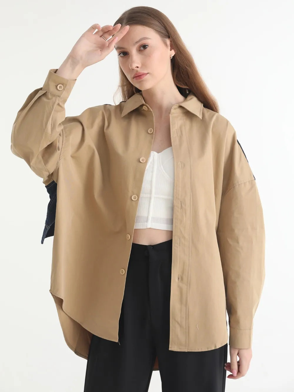 Tannt Women Blouse Denim Patchwork Stitched Ladies Shirt Long Sleeve Loose Leisure Irregular Shirts Fake Two Female Tops 2025