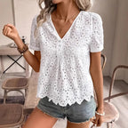 Woman Clothing Blouse Embroidered With Lace Eyelets, Elegant Short -sleeve Top With Neck For Spring And Summer, Women's Clothing