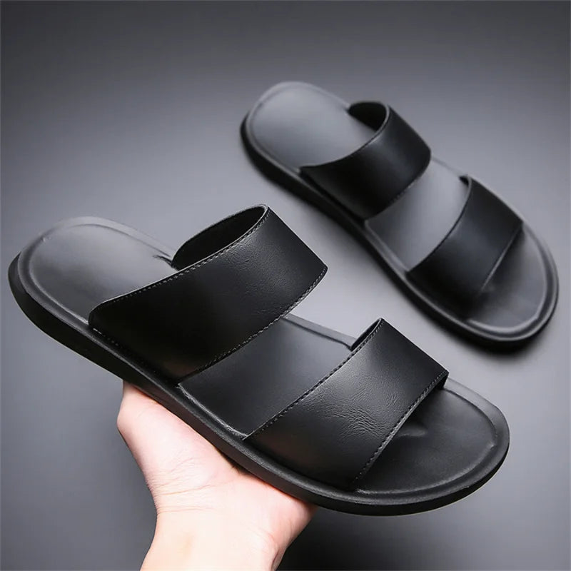 Slippers for Men Luxury Brand Leather Casual Slippers 2025 Summer New Beach Slippers for Men Non Slip Flat Sandals Large Size48