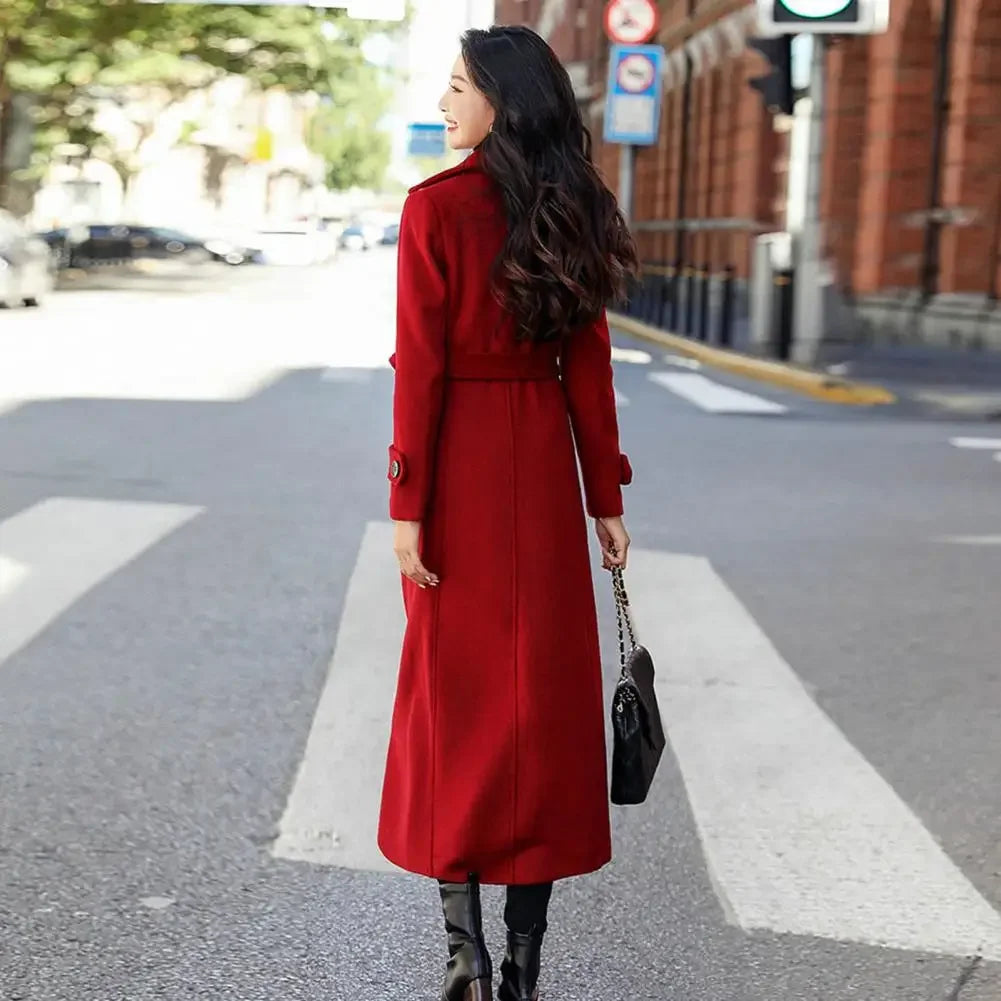 Winter Overcoat Elegant Double-breasted Waist Belt Long Woolen Jacket Fashion Thermal Thick Women Trench Coat Winter Wool Coat