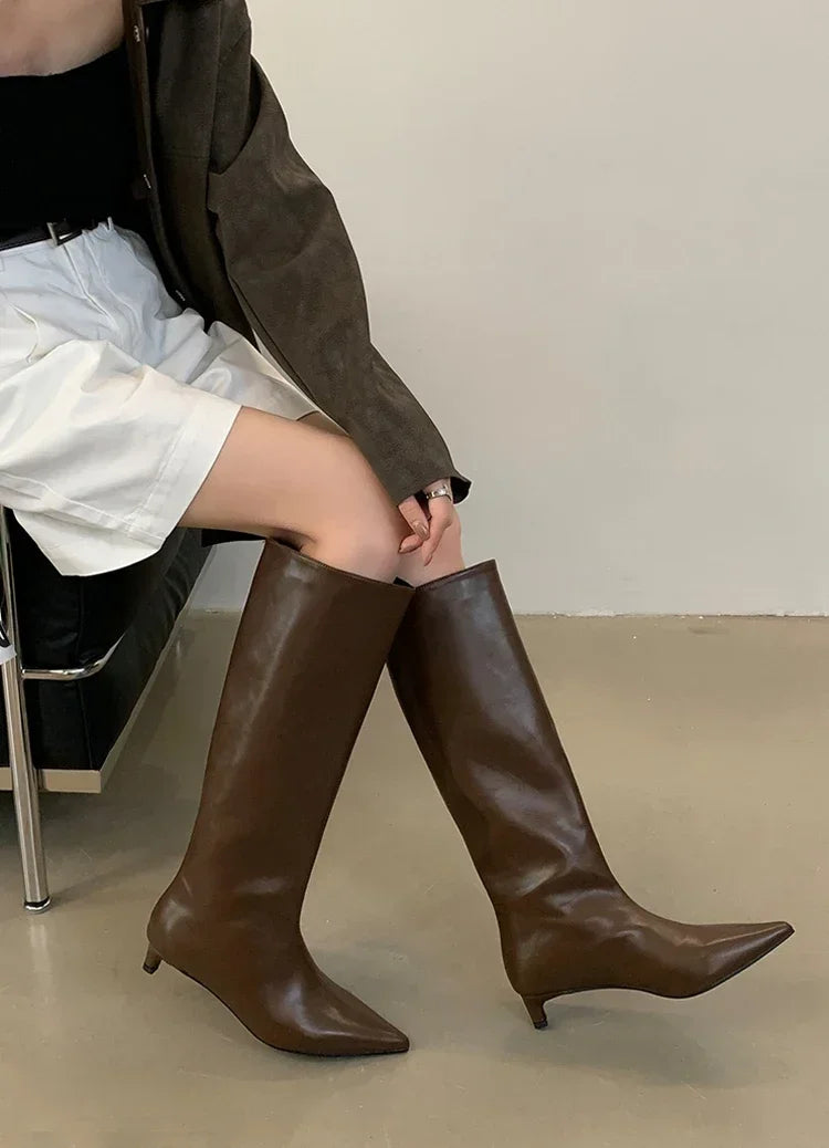 Pointed Toe Women High Boots Leather Fashion Sexy Heels Shoes Woman Trend New Snow Boots Low Heels Elegant Goth Mujer Botas