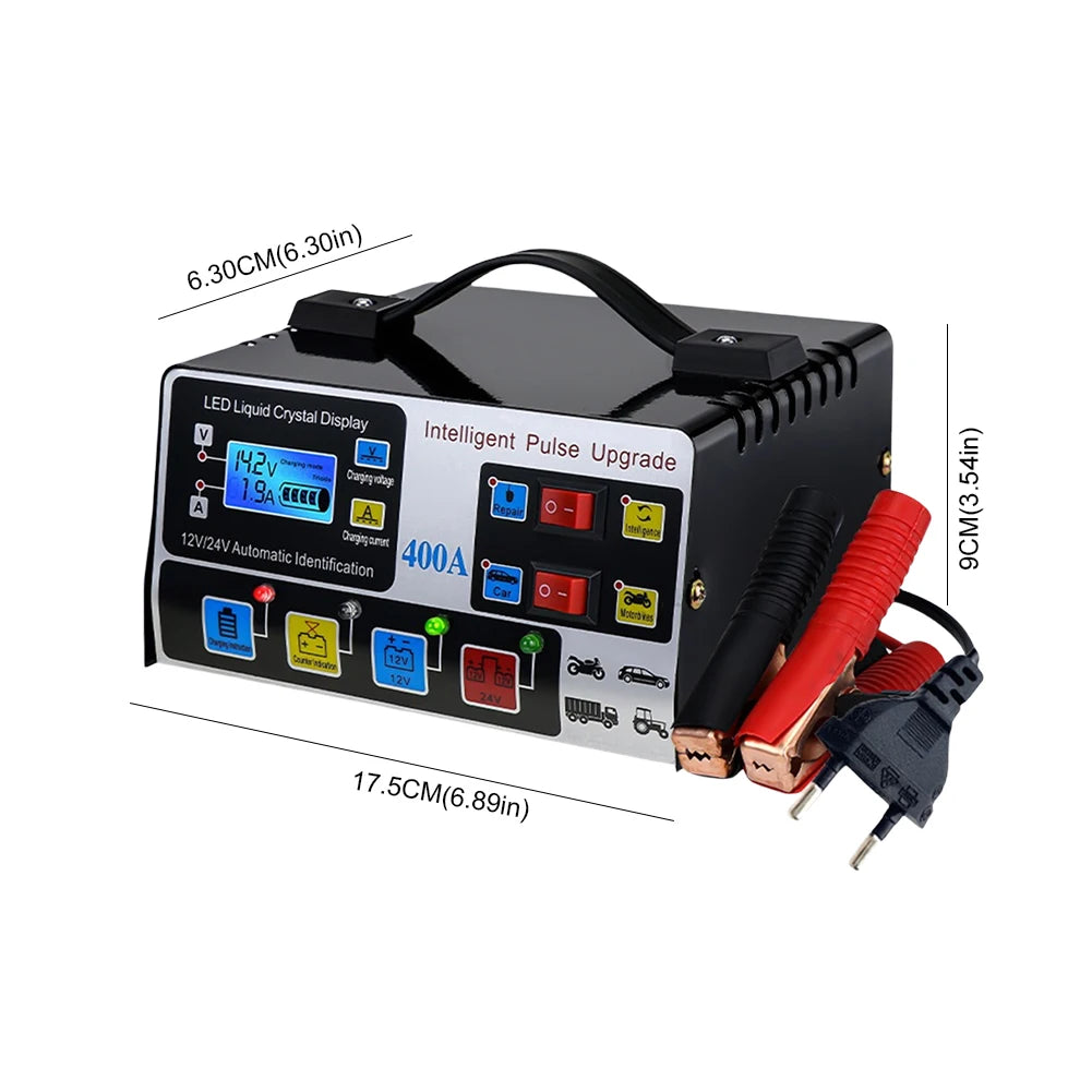 400A Heavy Duty Smart Battery Charger 12V/24V Battery High Power Fast Charger Five-Stage Intelligent Pulse Repair Charger 220W