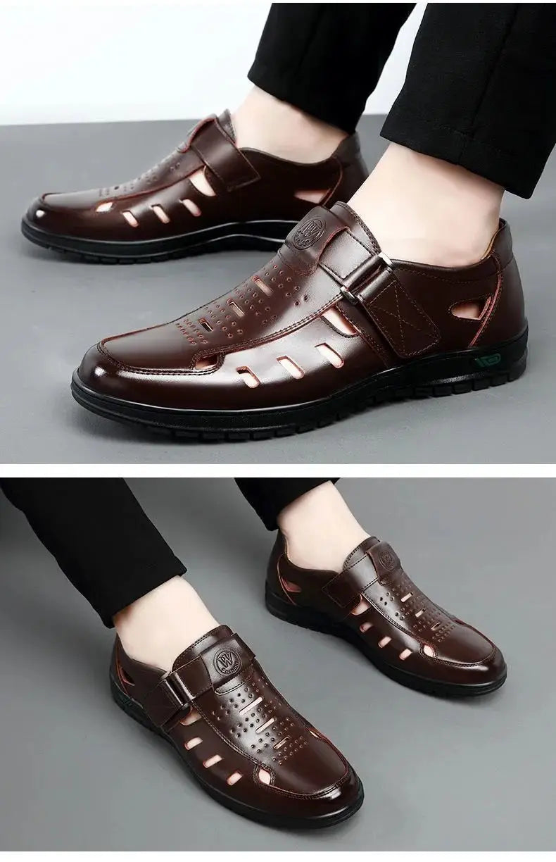 Men Sandals Summer  Cozy Hollow Non-slip Soft Cool Lighted Breathable All-match Classic Wearable Fashion Casual Leather Sandals