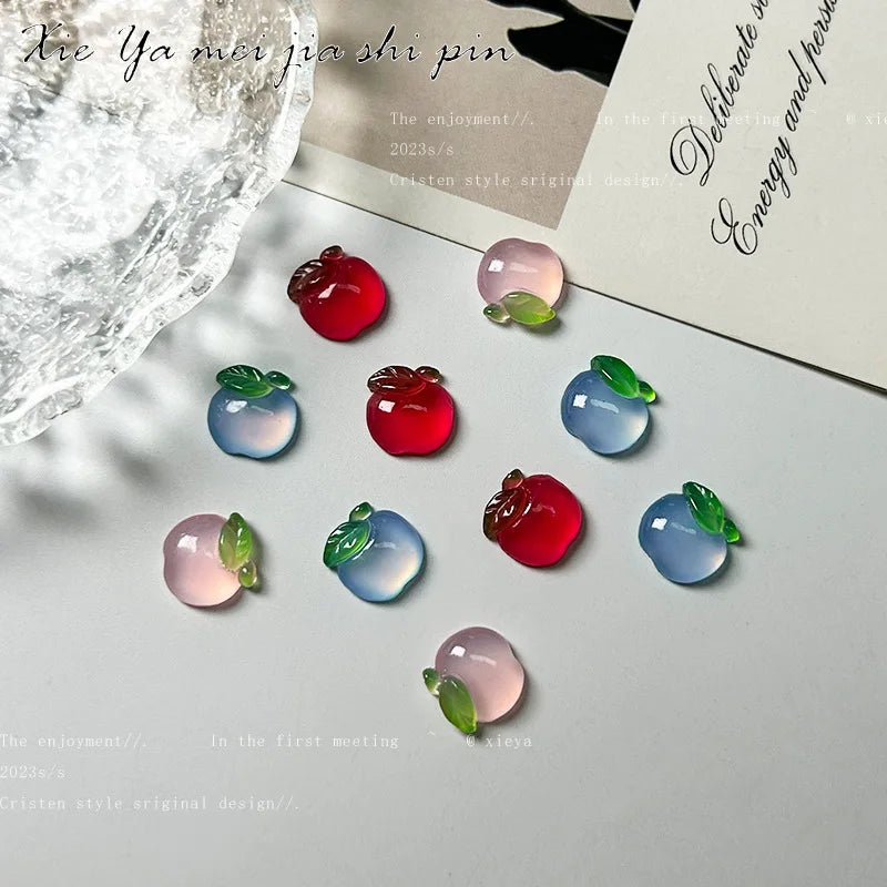 10pcs Kawaii Clear Peach Apple Nail Art Charms Resin Ice Transparent Fruit Rhinestones Nail Decorations DIY Jewelry Accessories