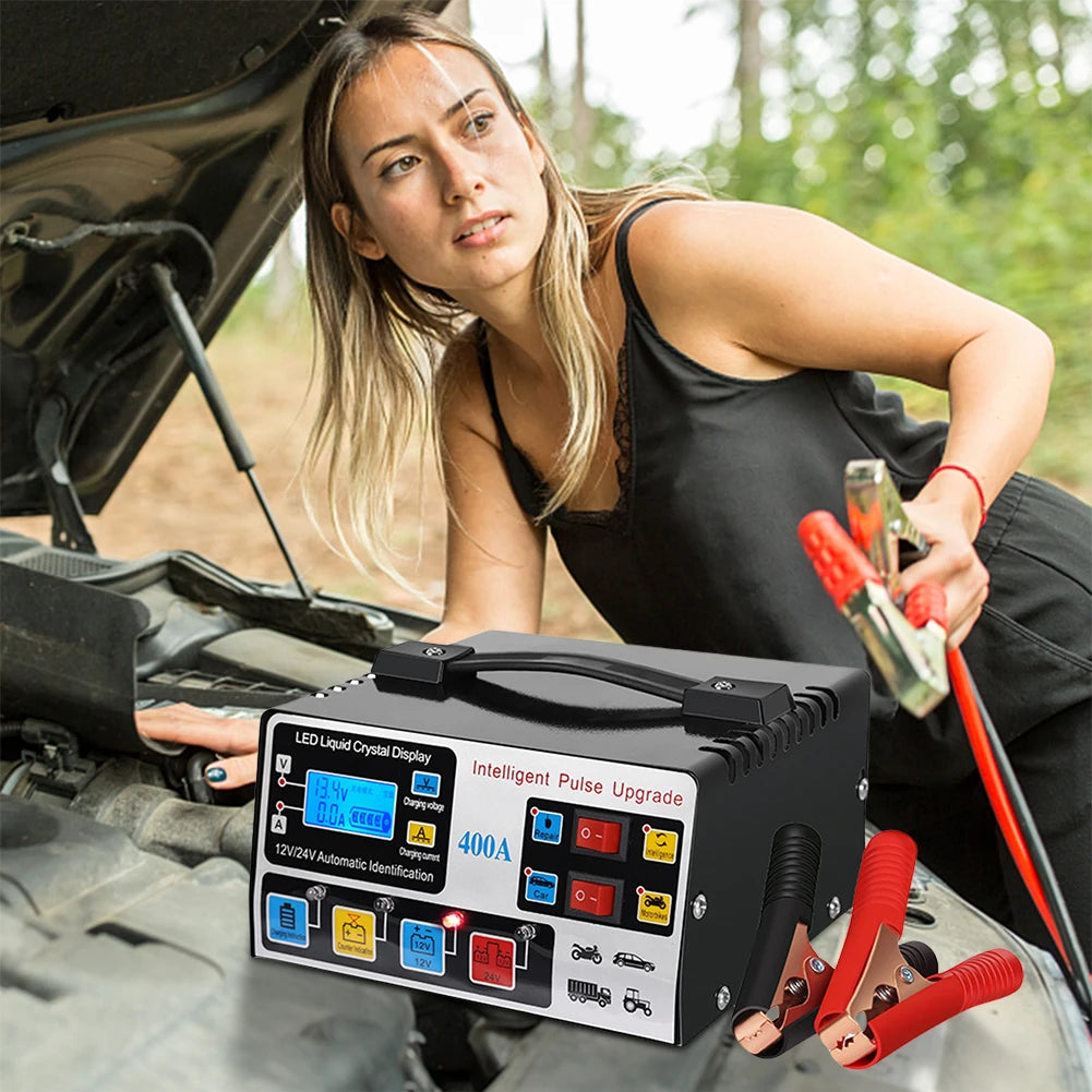 400A Heavy Duty Smart Battery Charger 12V/24V Battery High Power Fast Charger Five-Stage Intelligent Pulse Repair Charger 220W