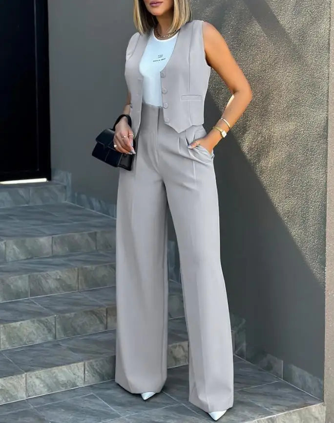 Pant Sets Women Wide Leg Pants Two Piece Suit Single Breasted Vets Sleeveless High Waist Elegant Trousers Pockets Solid Outwear