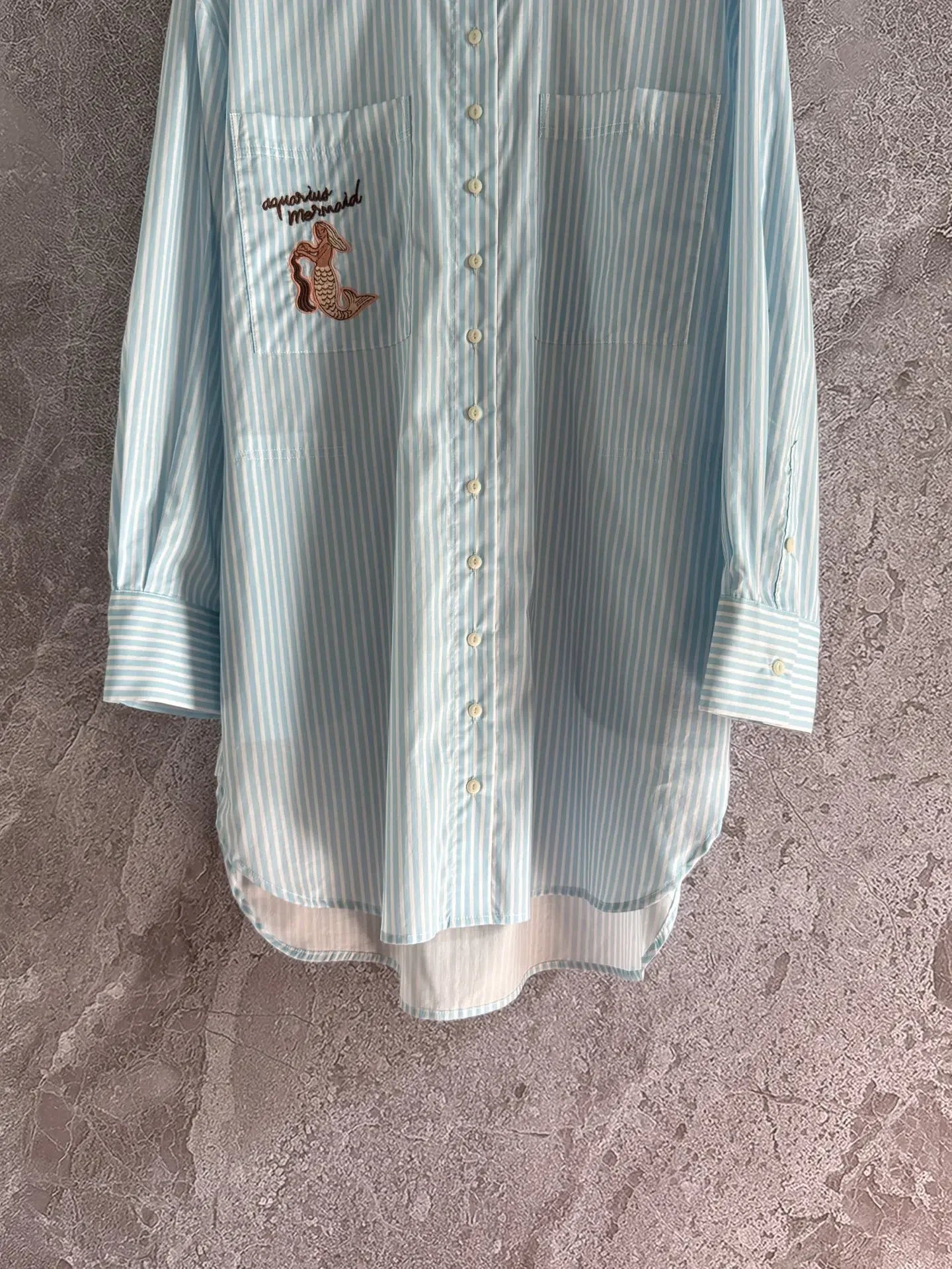 Women Blue and White Striped Cartoon Embroidery Casual Loose Cotton Shirt Top