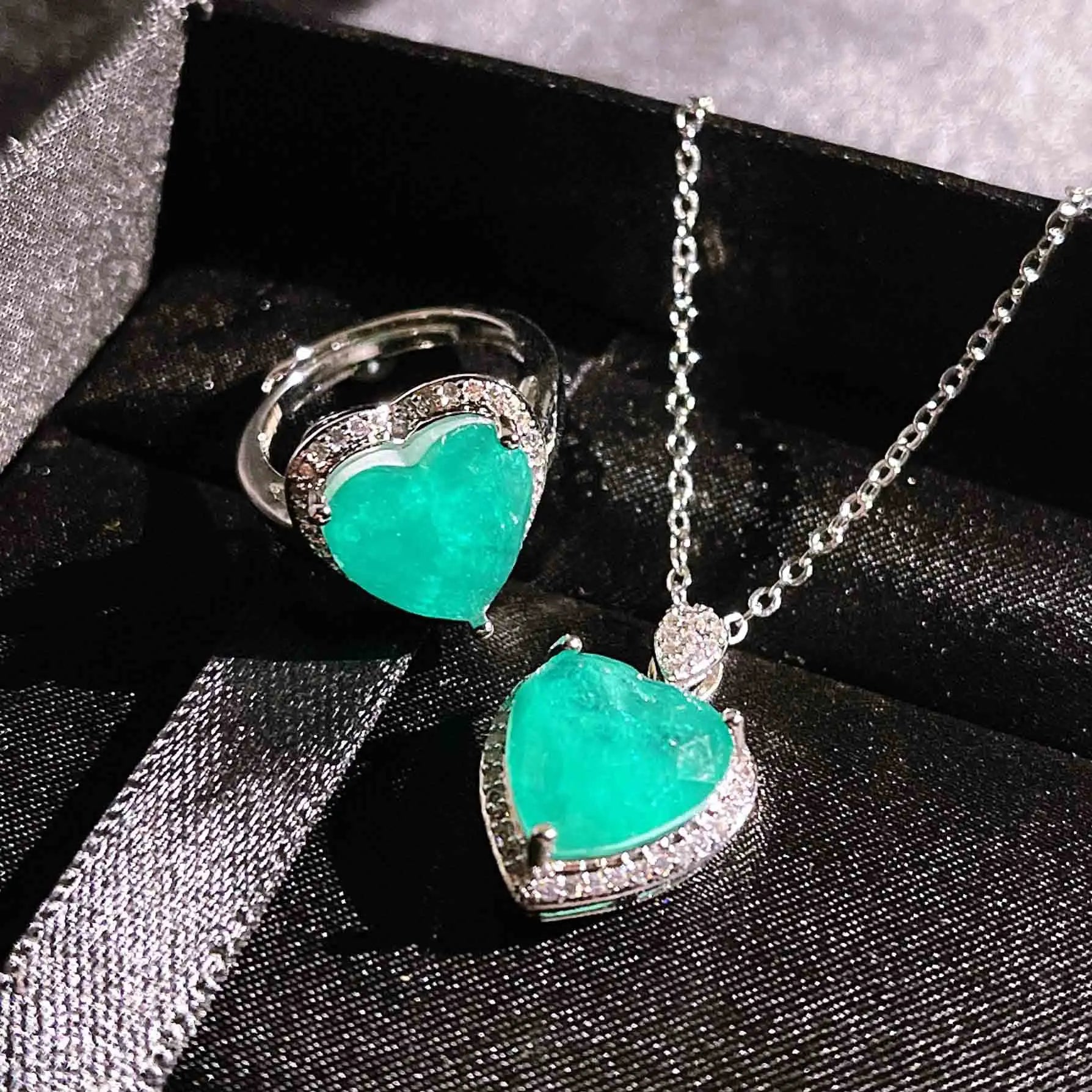 Silver Water-drop Shape Paraiba Tourmaline Gemstone Earrings Necklace Set for Women Temperament Ladies Trendy Vintage Jewelry