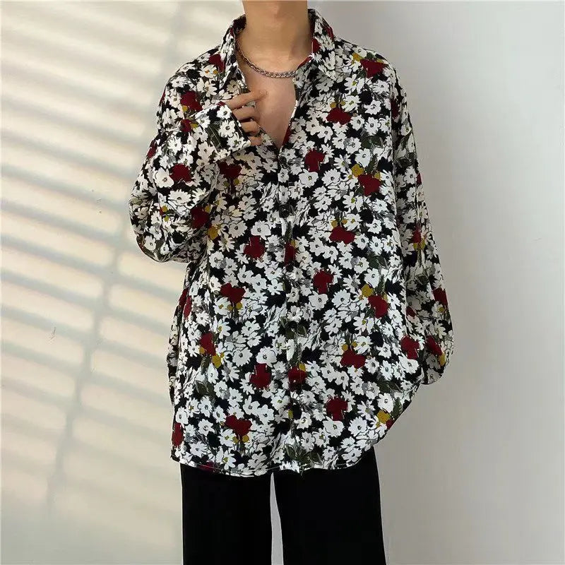 Shirt Men's Design Sense Is Niche Japanese Retro with Floral Patterns Lazy Style Rugged and Handsome Long Sleeved Shirt