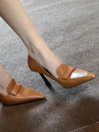 2025 Early Spring New High Heels for Women's Sexy Leather Small Square Buckle Pointed Toe Shallow Mouth Elegant Slim Heels Shoes