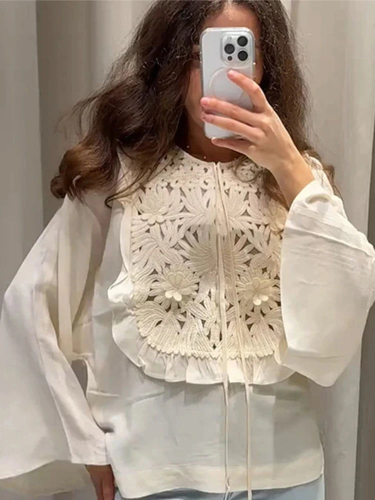 Women's Embroidery Crochet Hollow Shirts High Waist Skirt Suit Suit Mesh O-neck Full Sleeve Blouse Solid Color Skirt Set