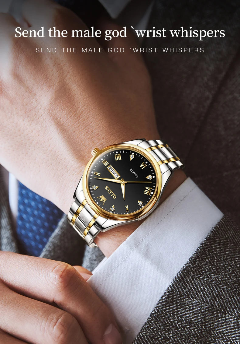 OLEVS Luxury Gold Couple Watches Stainless Steel Original Quartz Watch for Lover Waterproof Luminous Date Week Trend Dress New