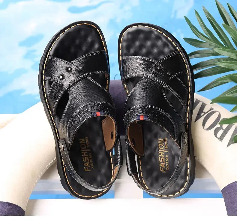 Men's Leather Summer Sandals 2025 Non-slip Thick-soled Comfort Soft Outdoor Beach Slippers