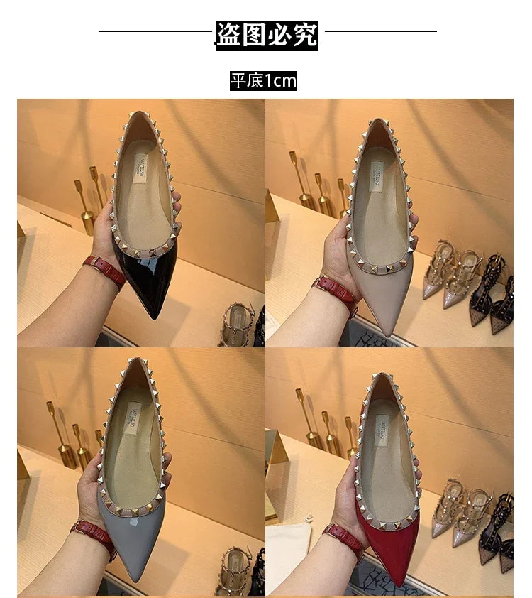 Women's Flat Shoes luxury woman shoes Leather Brand Rivet Flat Shoes Comfortable Casual Outdoor Pointed Toe Shallow Ladies shoes